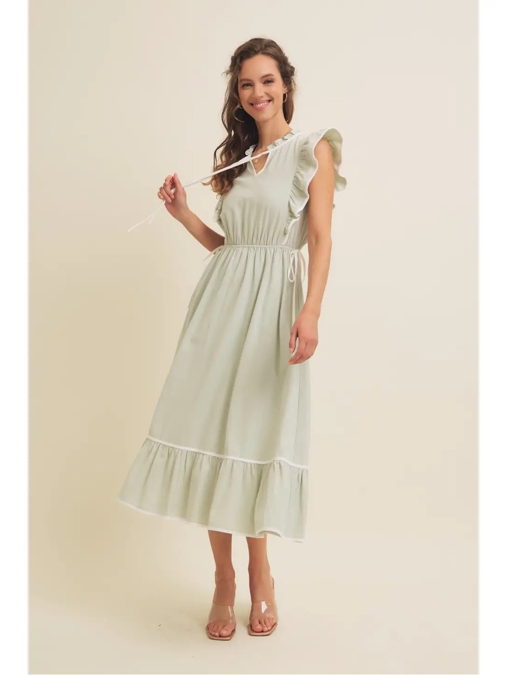 Sleeveless Ruffle Midi Dress in Soft Sage - Picture 3 of 6